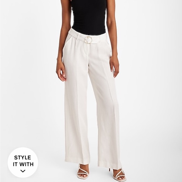 NWT Express Editor Mid Rise Linen-Blend Belted Relaxed Trouser Pant White - Picture 3 of 7